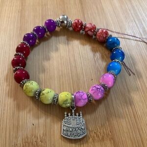 Hand Crafted Charm Bracelet Happy Birthday Pink Blue Yellow Red Amethyst Silver